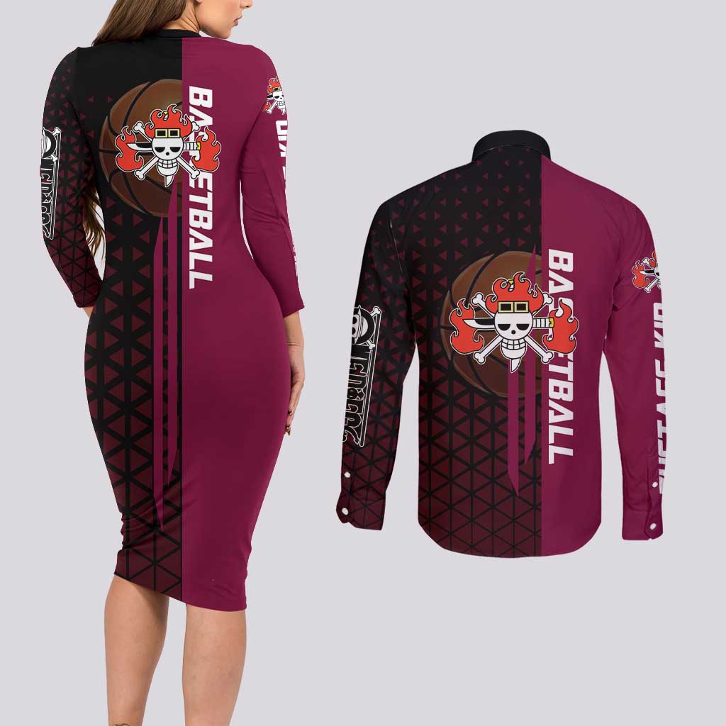 Eustass Kid One Piece Basketball Theme Red and Black Design Couples Matching Long Sleeve Bodycon Dress and Long Sleeve Button Shirt with Flame Skull Emblem and Mechanical Arm Pose - The Mazicc
