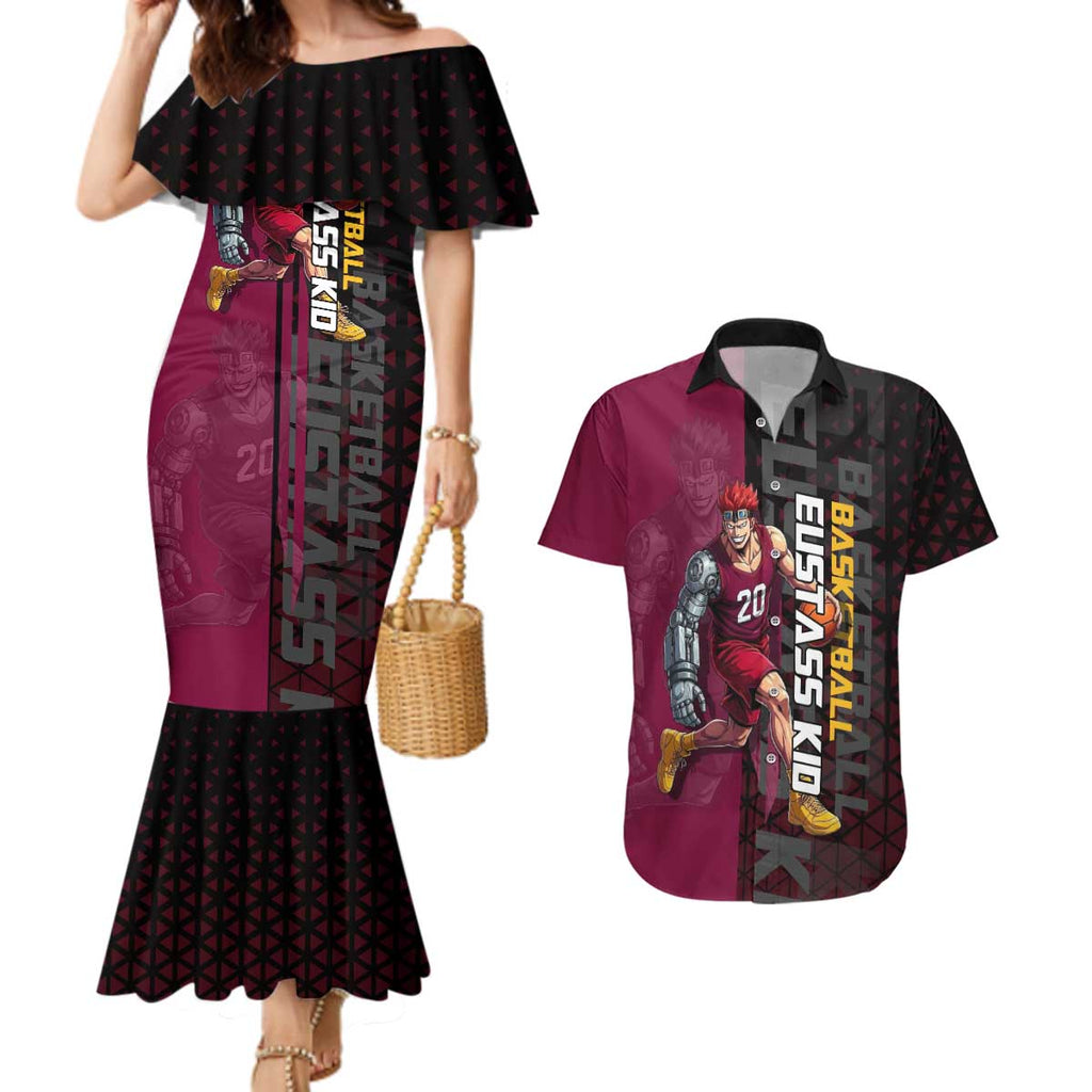 Eustass Kid One Piece Basketball Theme Red and Black Design Couples Matching Mermaid Dress and Hawaiian Shirt with Flame Skull Emblem and Mechanical Arm Pose - The Mazicc