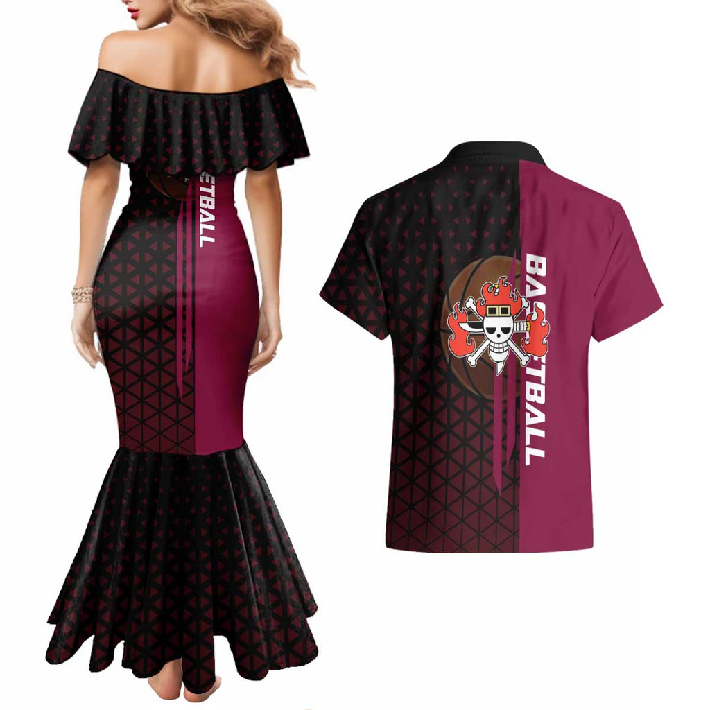 Eustass Kid One Piece Basketball Theme Red and Black Design Couples Matching Mermaid Dress and Hawaiian Shirt with Flame Skull Emblem and Mechanical Arm Pose - The Mazicc