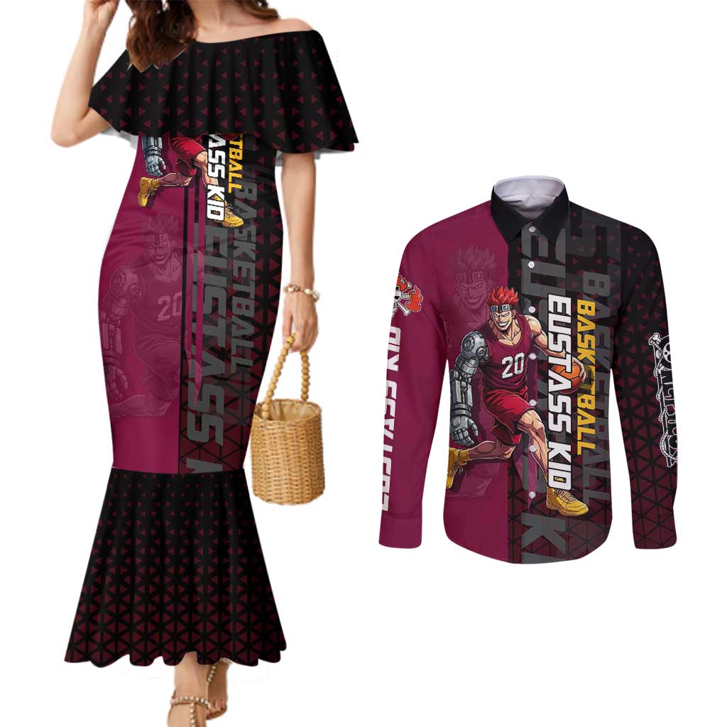 Eustass Kid One Piece Basketball Theme Red and Black Design Couples Matching Mermaid Dress and Long Sleeve Button Shirt with Flame Skull Emblem and Mechanical Arm Pose - The Mazicc