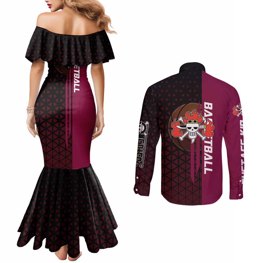 Eustass Kid One Piece Basketball Theme Red and Black Design Couples Matching Mermaid Dress and Long Sleeve Button Shirt with Flame Skull Emblem and Mechanical Arm Pose - The Mazicc