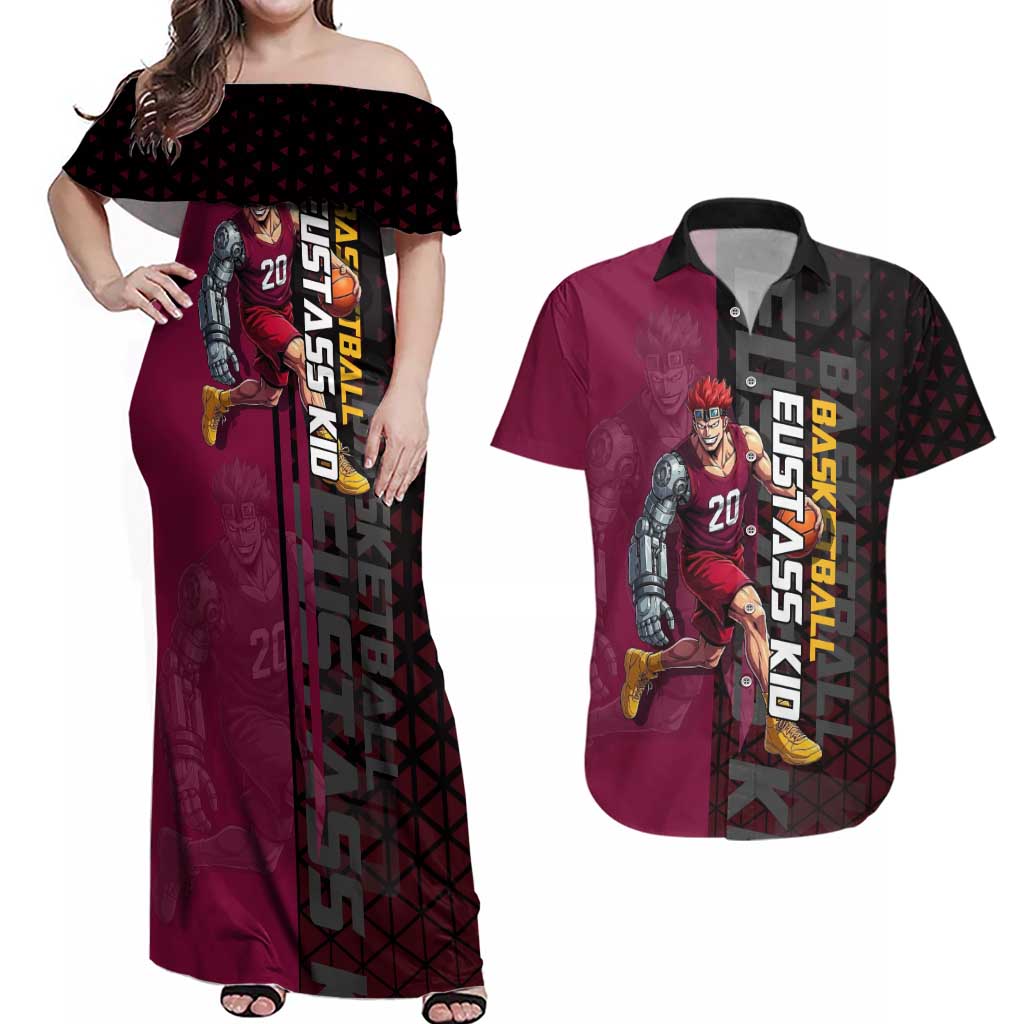 Eustass Kid One Piece Basketball Theme Red and Black Design Couples Matching Off Shoulder Maxi Dress and Hawaiian Shirt with Flame Skull Emblem and Mechanical Arm Pose - The Mazicc