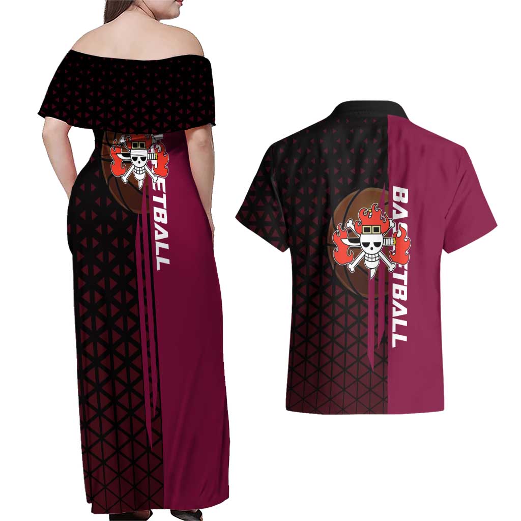 Eustass Kid One Piece Basketball Theme Red and Black Design Couples Matching Off Shoulder Maxi Dress and Hawaiian Shirt with Flame Skull Emblem and Mechanical Arm Pose - The Mazicc