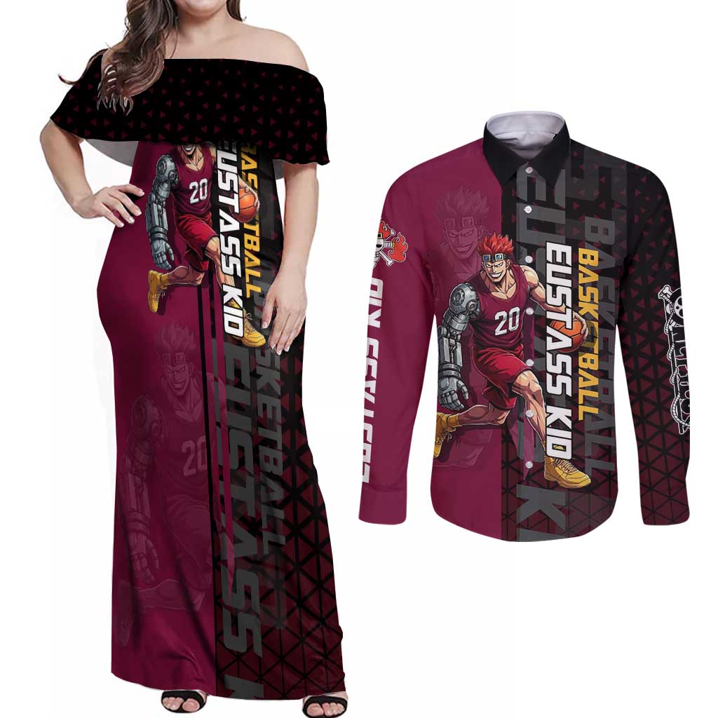 Eustass Kid One Piece Basketball Theme Red and Black Design Couples Matching Off Shoulder Maxi Dress and Long Sleeve Button Shirt with Flame Skull Emblem and Mechanical Arm Pose - The Mazicc