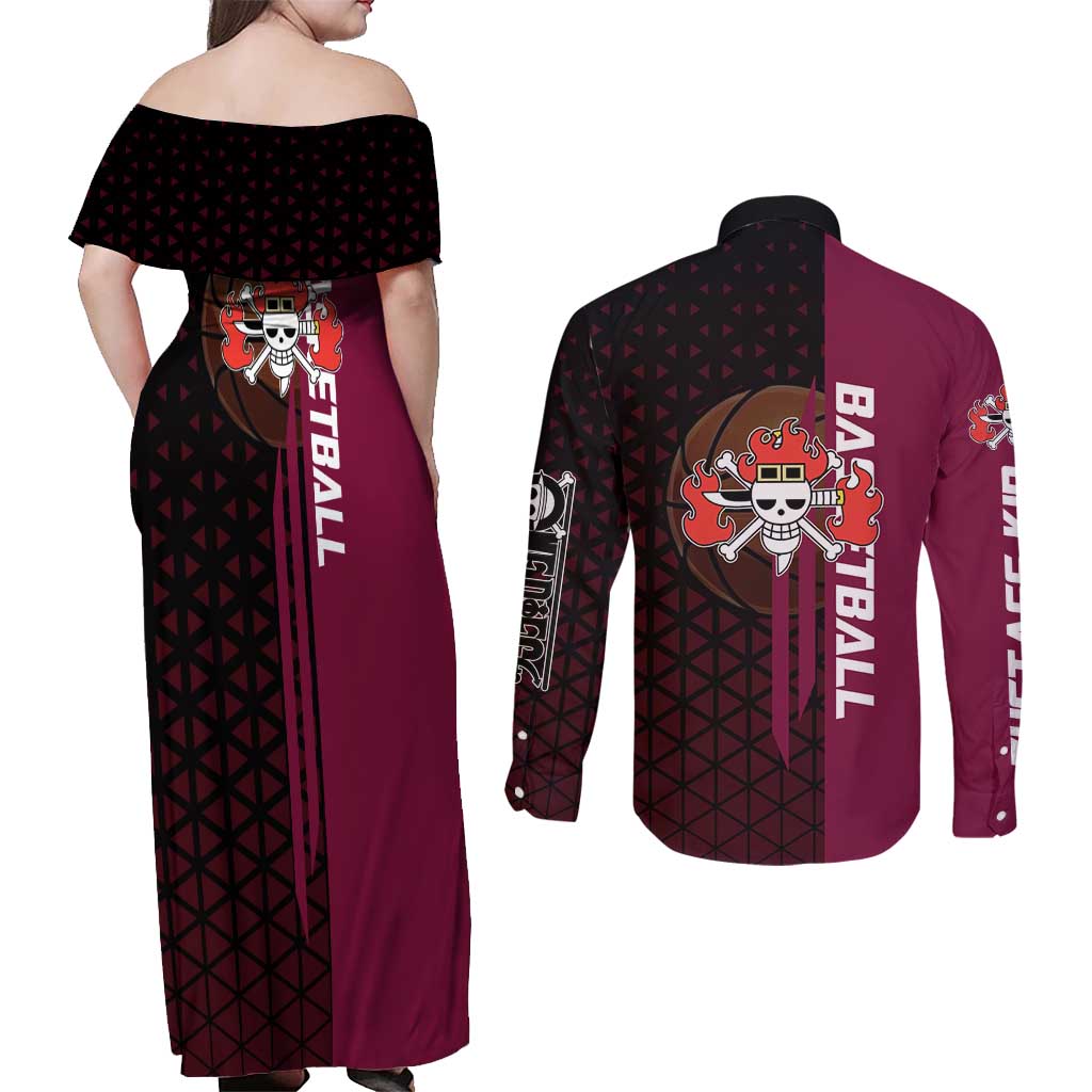 Eustass Kid One Piece Basketball Theme Red and Black Design Couples Matching Off Shoulder Maxi Dress and Long Sleeve Button Shirt with Flame Skull Emblem and Mechanical Arm Pose - The Mazicc