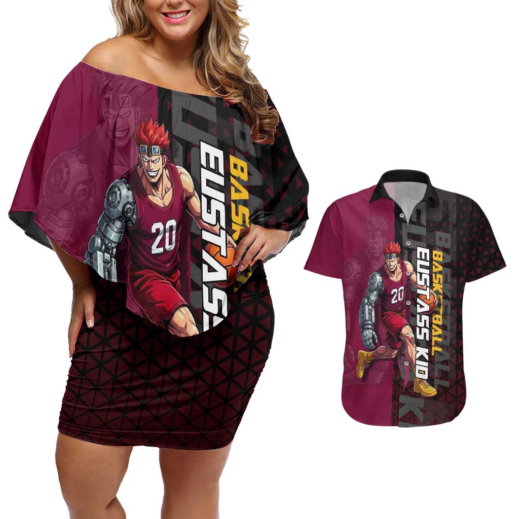 Eustass Kid One Piece Basketball Theme Red and Black Design Couples Matching Off Shoulder Short Dress and Hawaiian Shirt with Flame Skull Emblem and Mechanical Arm Pose - The Mazicc