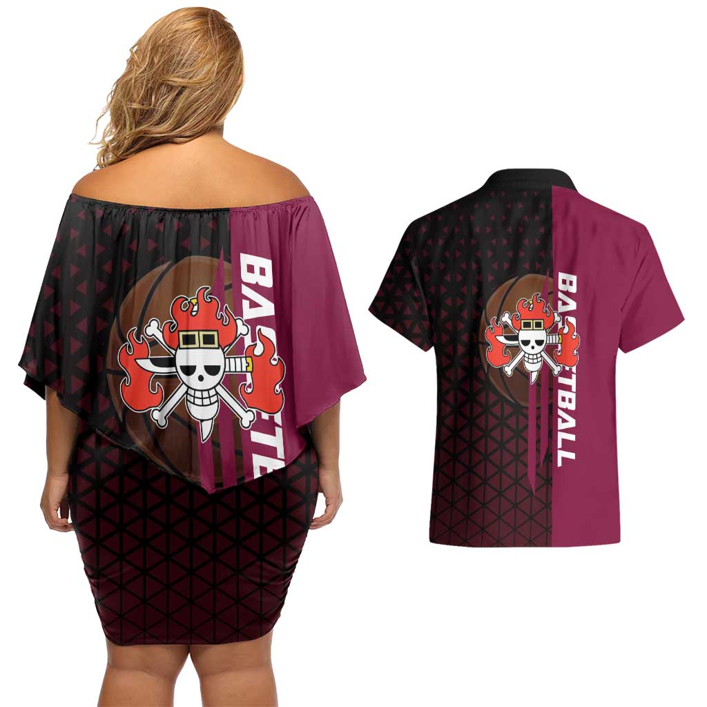 Eustass Kid One Piece Basketball Theme Red and Black Design Couples Matching Off Shoulder Short Dress and Hawaiian Shirt with Flame Skull Emblem and Mechanical Arm Pose - The Mazicc