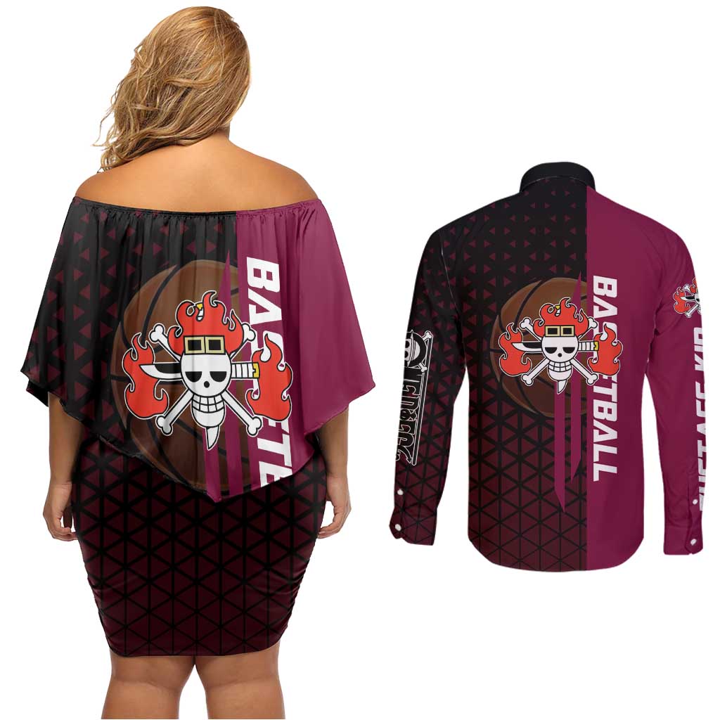 Eustass Kid One Piece Basketball Theme Red and Black Design Couples Matching Off Shoulder Short Dress and Long Sleeve Button Shirt with Flame Skull Emblem and Mechanical Arm Pose - The Mazicc