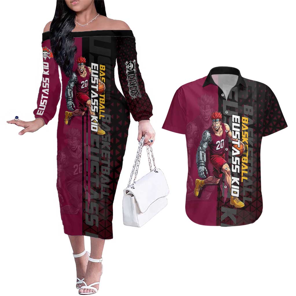 Eustass Kid One Piece Basketball Theme Red and Black Design Couples Matching Off The Shoulder Long Sleeve Dress and Hawaiian Shirt with Flame Skull Emblem and Mechanical Arm Pose - The Mazicc