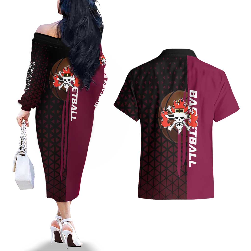 Eustass Kid One Piece Basketball Theme Red and Black Design Couples Matching Off The Shoulder Long Sleeve Dress and Hawaiian Shirt with Flame Skull Emblem and Mechanical Arm Pose - The Mazicc