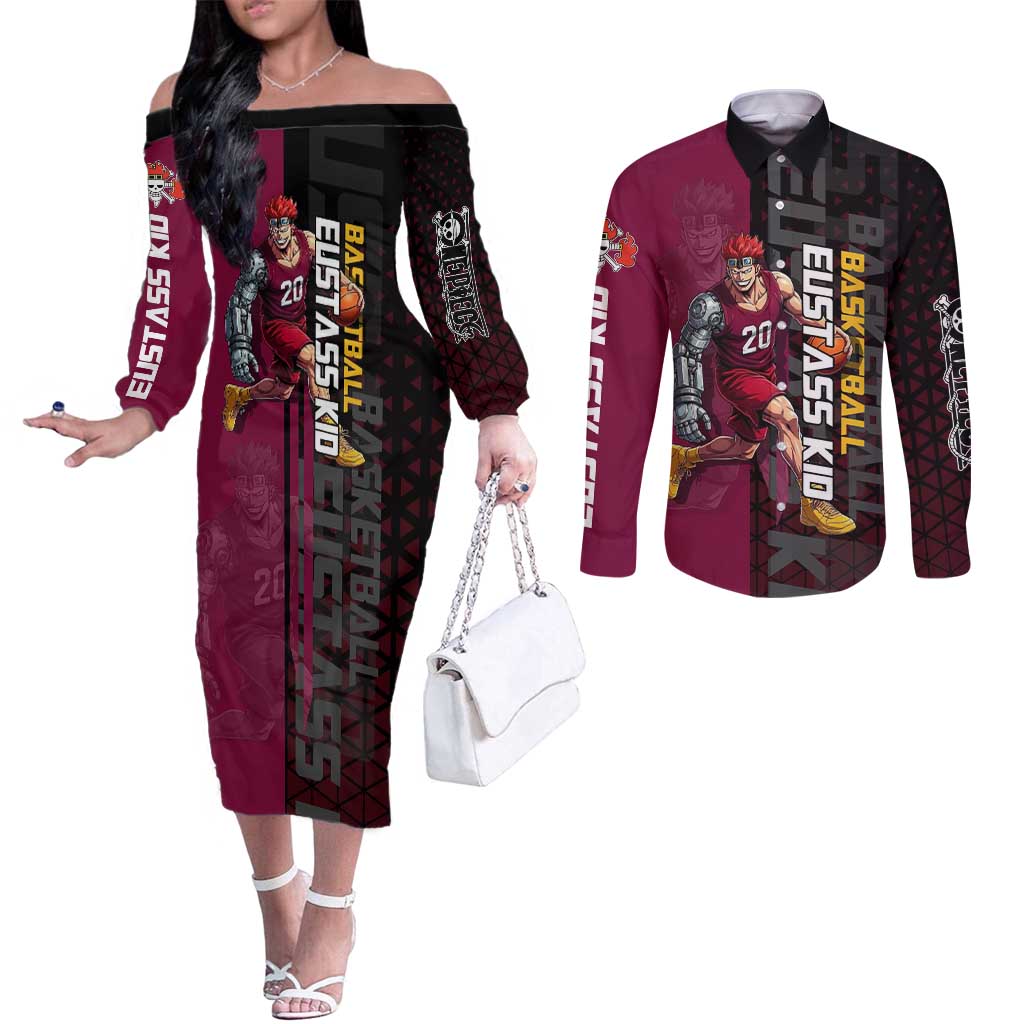 Eustass Kid One Piece Basketball Theme Red and Black Design Couples Matching Off The Shoulder Long Sleeve Dress and Long Sleeve Button Shirt with Flame Skull Emblem and Mechanical Arm Pose - The Mazicc