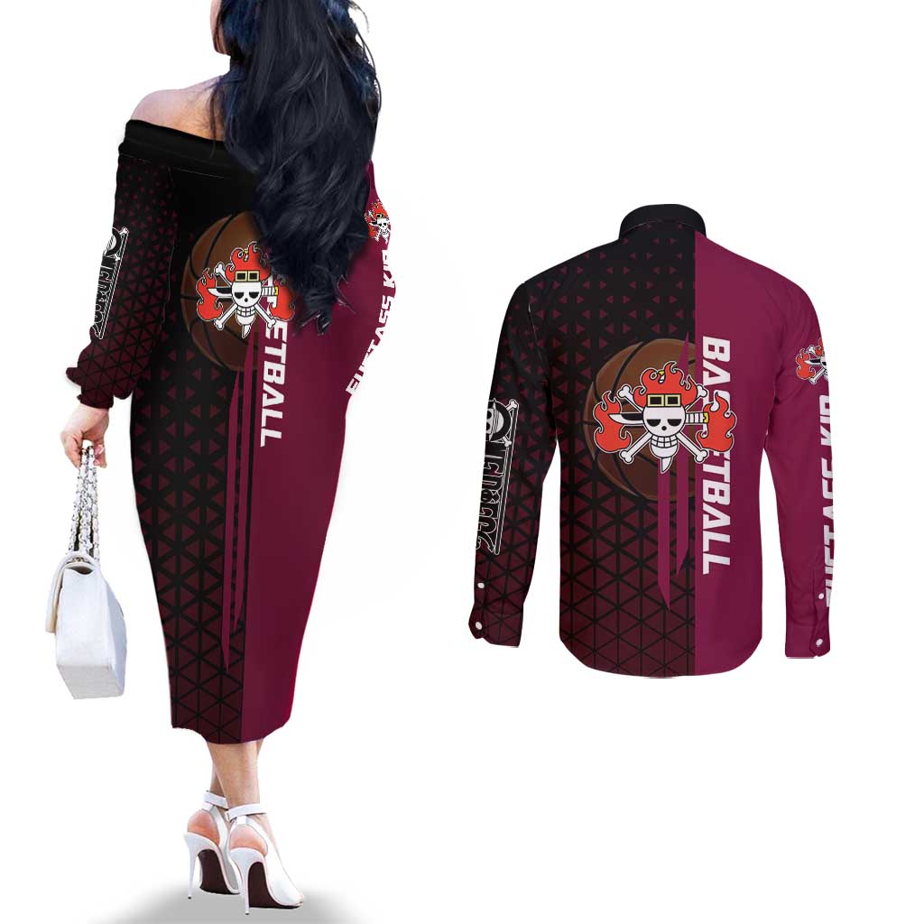 Eustass Kid One Piece Basketball Theme Red and Black Design Couples Matching Off The Shoulder Long Sleeve Dress and Long Sleeve Button Shirt with Flame Skull Emblem and Mechanical Arm Pose - The Mazicc