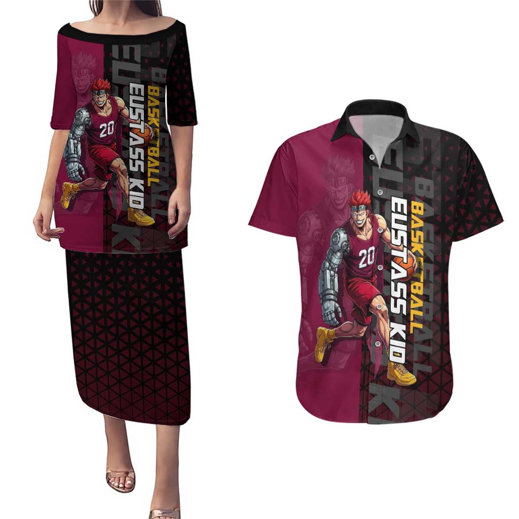 Eustass Kid One Piece Basketball Theme Red and Black Design Couples Matching Puletasi and Hawaiian Shirt with Flame Skull Emblem and Mechanical Arm Pose - The Mazicc