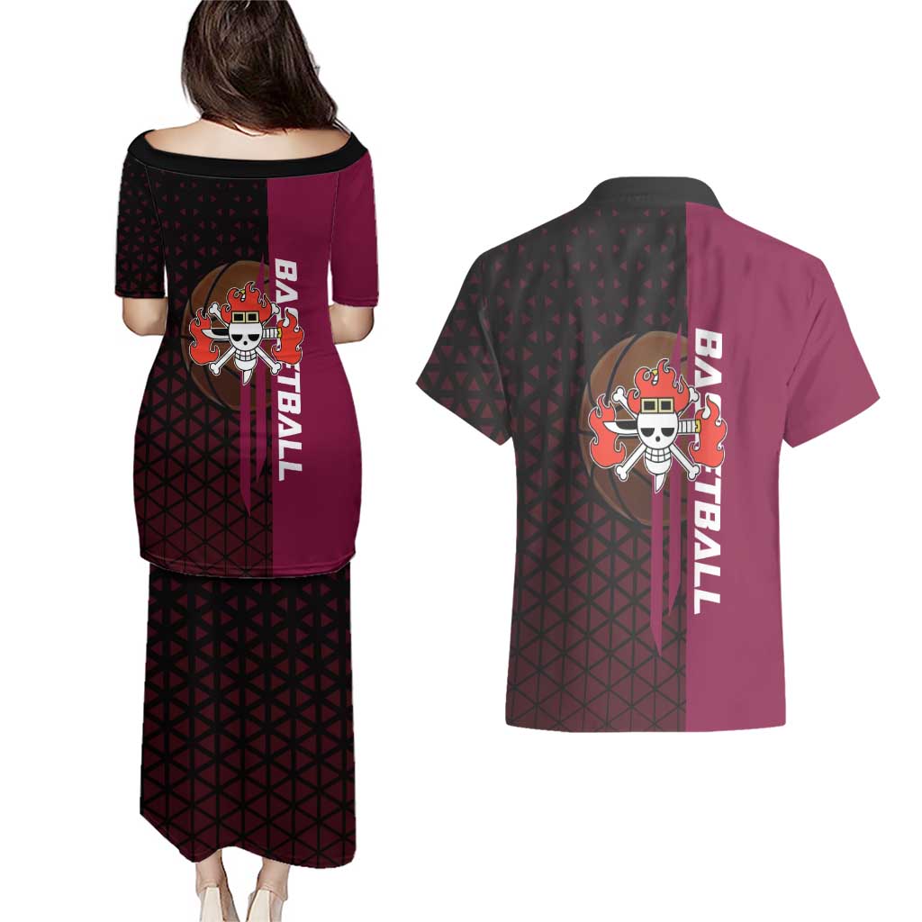 Eustass Kid One Piece Basketball Theme Red and Black Design Couples Matching Puletasi and Hawaiian Shirt with Flame Skull Emblem and Mechanical Arm Pose - The Mazicc