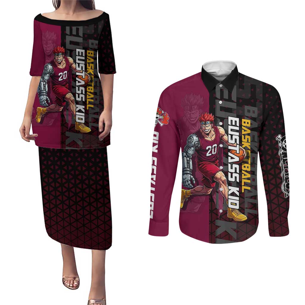 Eustass Kid One Piece Basketball Theme Red and Black Design Couples Matching Puletasi and Long Sleeve Button Shirt with Flame Skull Emblem and Mechanical Arm Pose - The Mazicc