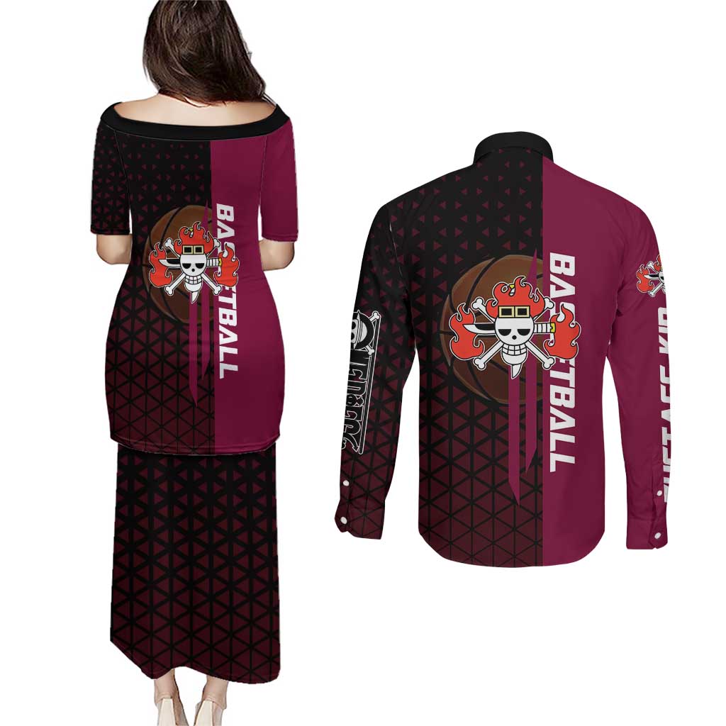 Eustass Kid One Piece Basketball Theme Red and Black Design Couples Matching Puletasi and Long Sleeve Button Shirt with Flame Skull Emblem and Mechanical Arm Pose - The Mazicc