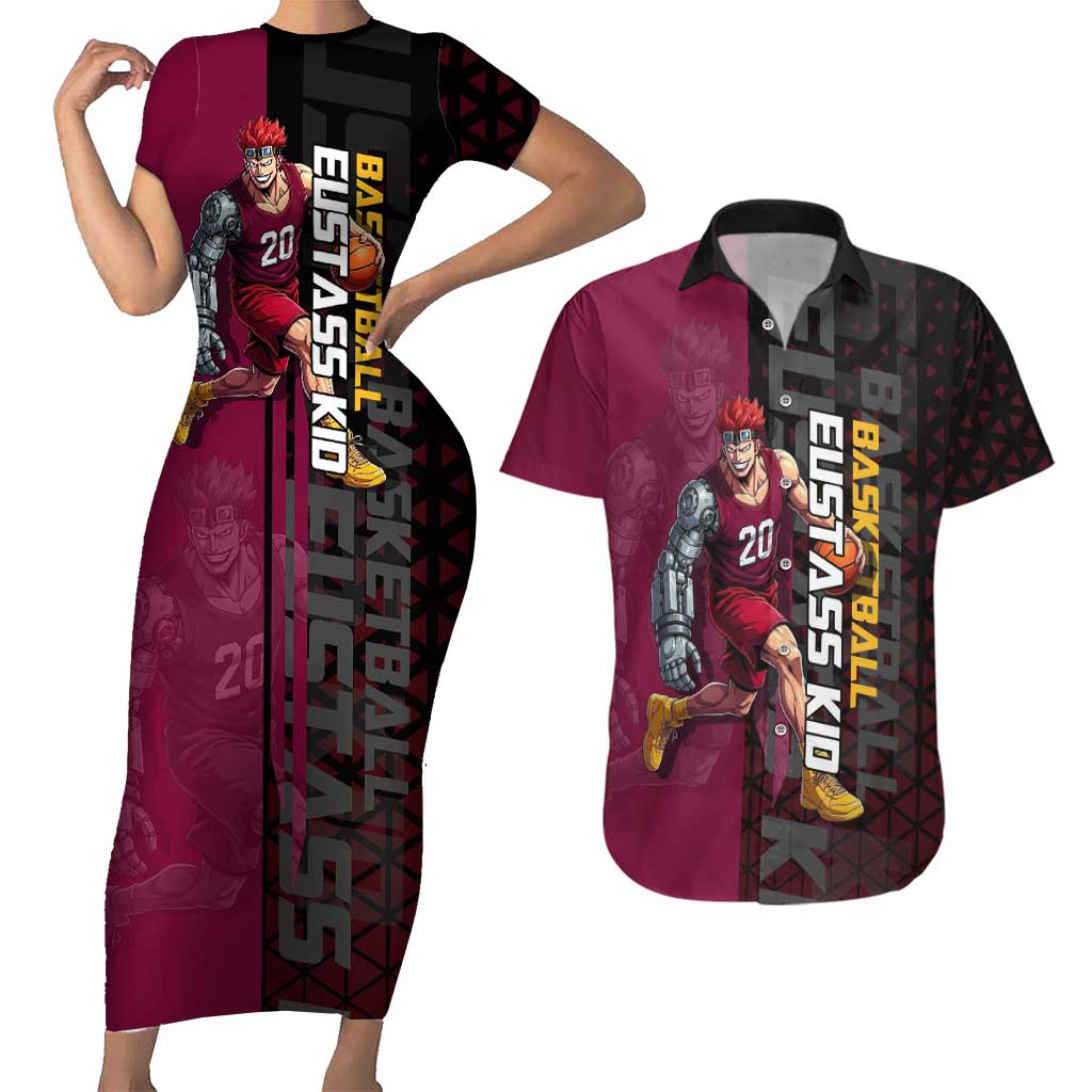 Eustass Kid One Piece Basketball Theme Red and Black Design Couples Matching Short Sleeve Bodycon Dress and Hawaiian Shirt with Flame Skull Emblem and Mechanical Arm Pose - The Mazicc