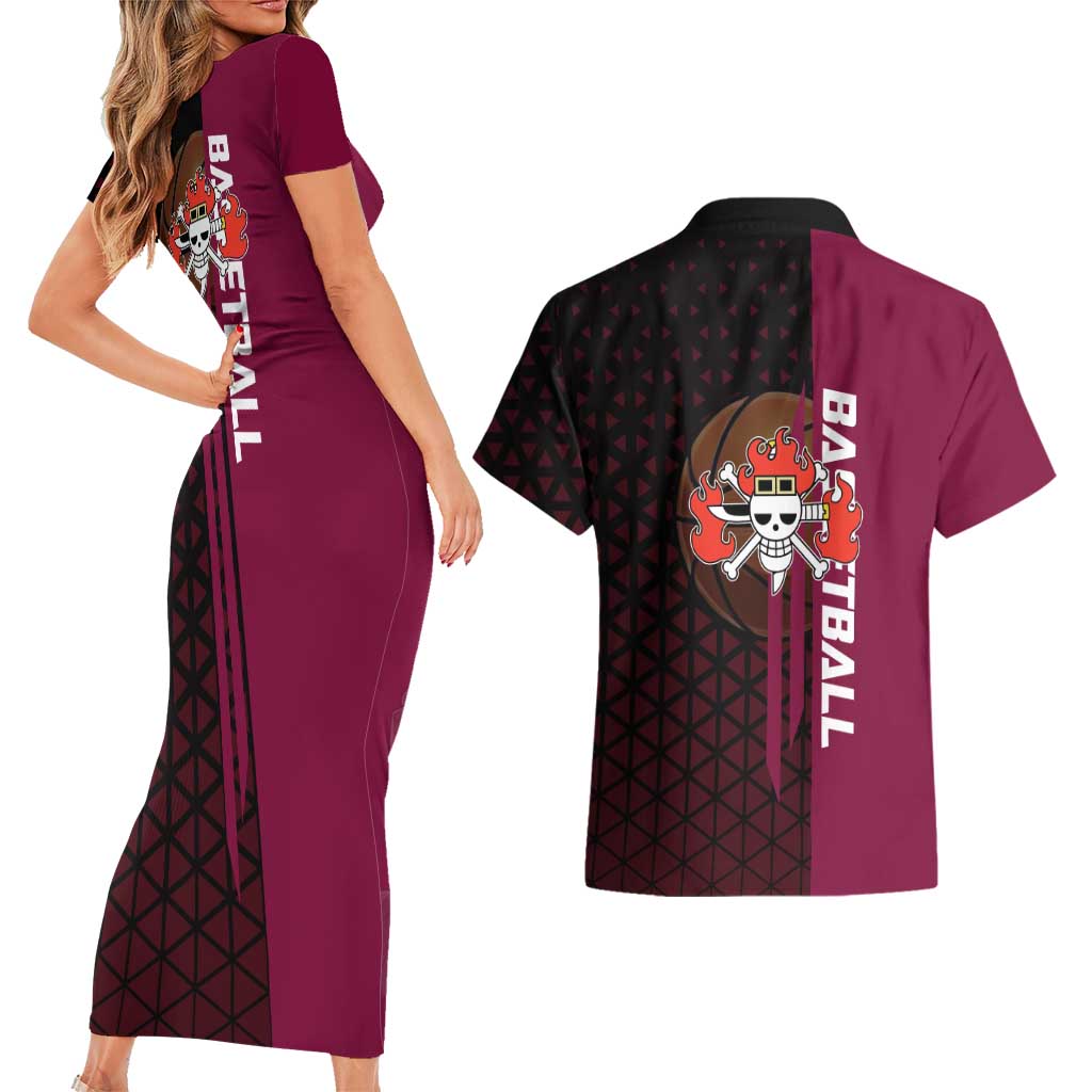 Eustass Kid One Piece Basketball Theme Red and Black Design Couples Matching Short Sleeve Bodycon Dress and Hawaiian Shirt with Flame Skull Emblem and Mechanical Arm Pose - The Mazicc