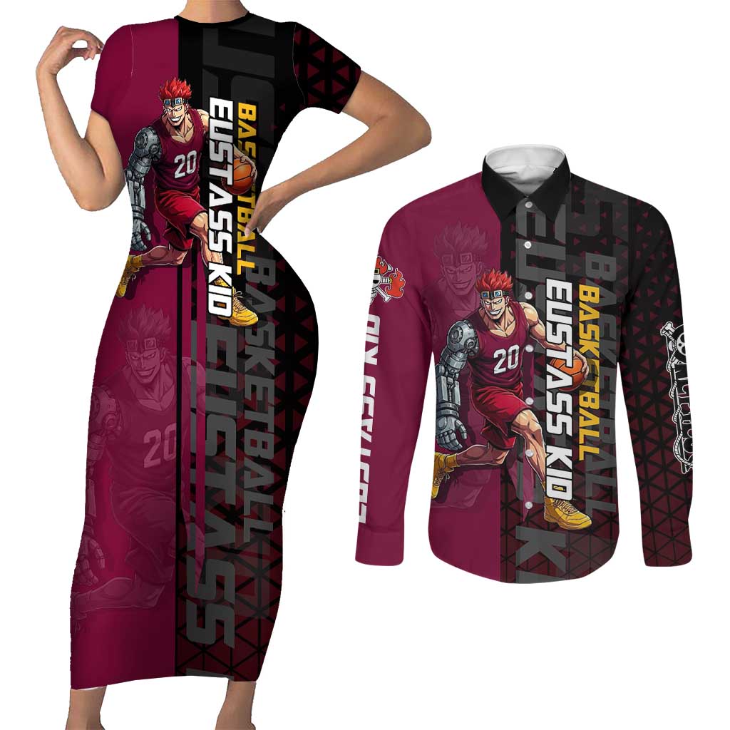 Eustass Kid One Piece Basketball Theme Red and Black Design Couples Matching Short Sleeve Bodycon Dress and Long Sleeve Button Shirt with Flame Skull Emblem and Mechanical Arm Pose - The Mazicc