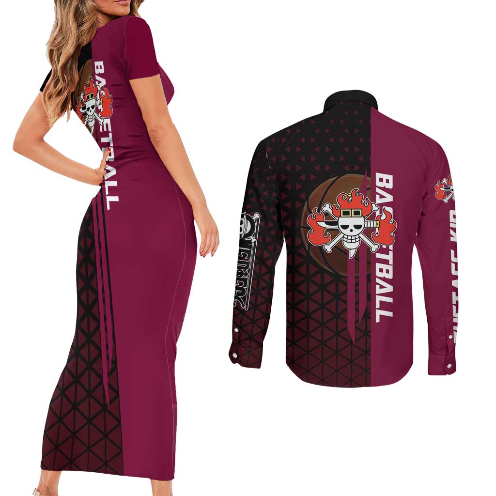 Eustass Kid One Piece Basketball Theme Red and Black Design Couples Matching Short Sleeve Bodycon Dress and Long Sleeve Button Shirt with Flame Skull Emblem and Mechanical Arm Pose - The Mazicc
