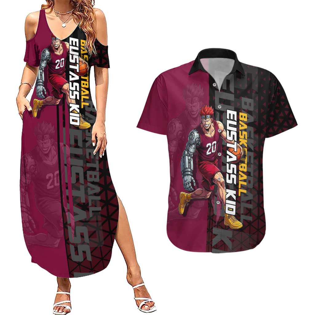 Eustass Kid One Piece Basketball Theme Red and Black Design Couples Matching Summer Maxi Dress and Hawaiian Shirt with Flame Skull Emblem and Mechanical Arm Pose - The Mazicc