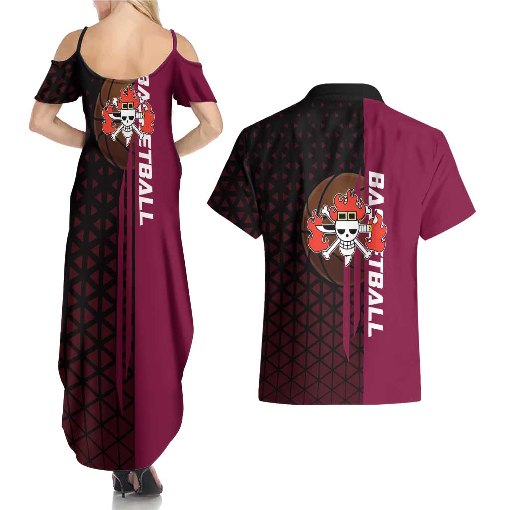 Eustass Kid One Piece Basketball Theme Red and Black Design Couples Matching Summer Maxi Dress and Hawaiian Shirt with Flame Skull Emblem and Mechanical Arm Pose - The Mazicc