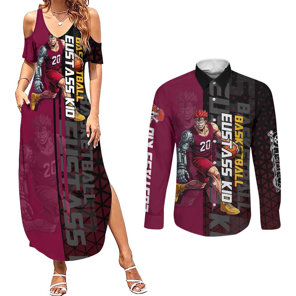 Eustass Kid One Piece Basketball Theme Red and Black Design Couples Matching Summer Maxi Dress and Long Sleeve Button Shirt with Flame Skull Emblem and Mechanical Arm Pose - The Mazicc