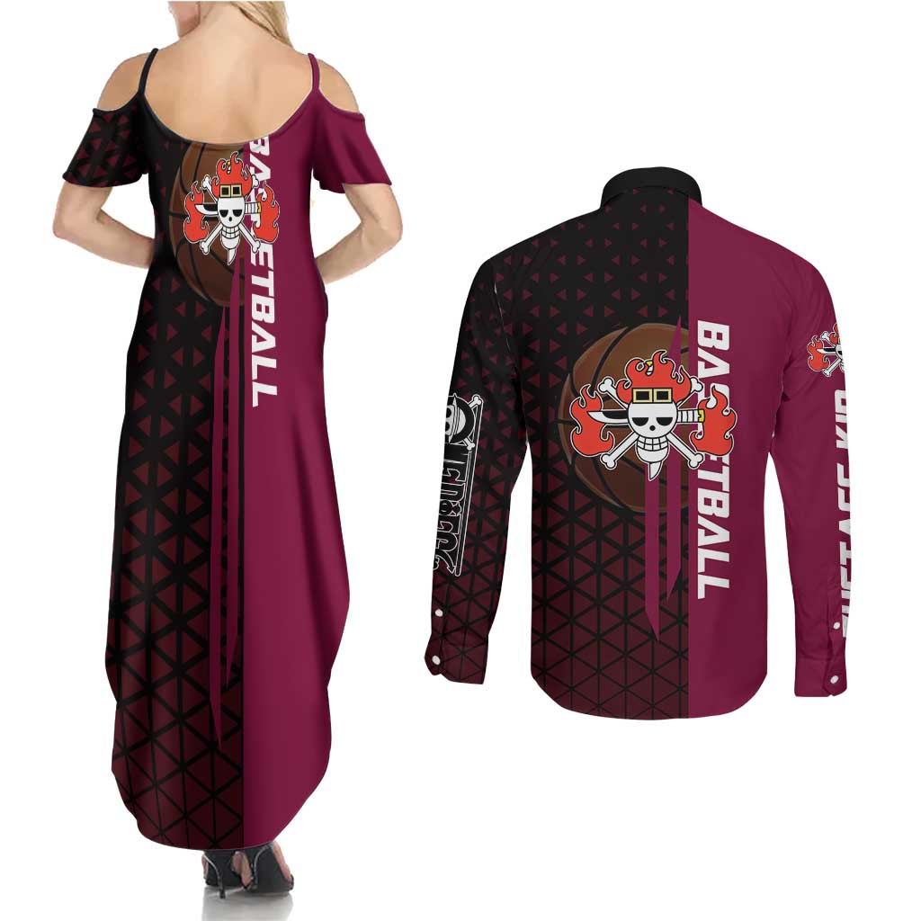 Eustass Kid One Piece Basketball Theme Red and Black Design Couples Matching Summer Maxi Dress and Long Sleeve Button Shirt with Flame Skull Emblem and Mechanical Arm Pose - The Mazicc