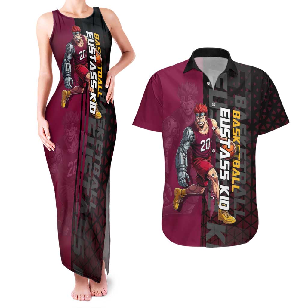 Eustass Kid One Piece Basketball Theme Red and Black Design Couples Matching Tank Maxi Dress and Hawaiian Shirt with Flame Skull Emblem and Mechanical Arm Pose - The Mazicc
