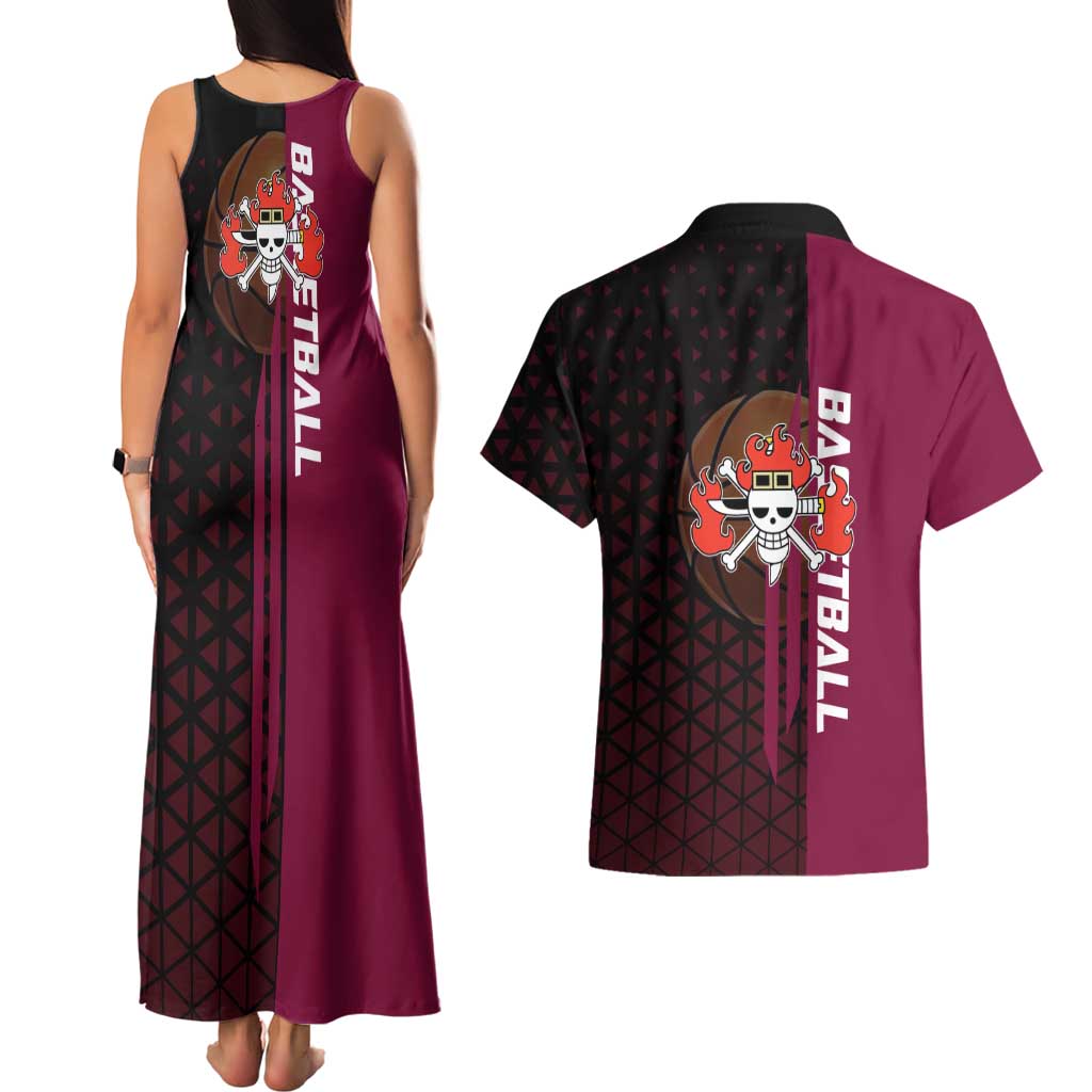 Eustass Kid One Piece Basketball Theme Red and Black Design Couples Matching Tank Maxi Dress and Hawaiian Shirt with Flame Skull Emblem and Mechanical Arm Pose - The Mazicc