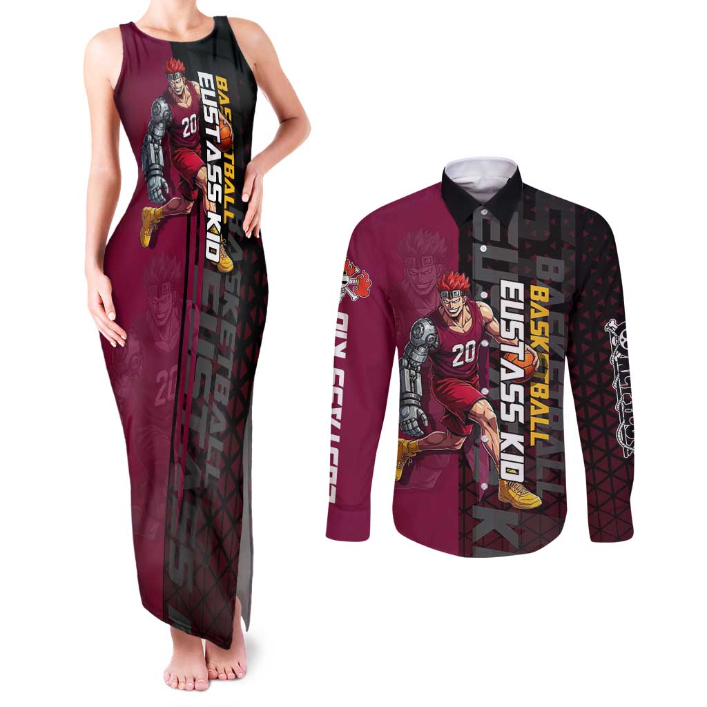 Eustass Kid One Piece Basketball Theme Red and Black Design Couples Matching Tank Maxi Dress and Long Sleeve Button Shirt with Flame Skull Emblem and Mechanical Arm Pose - The Mazicc