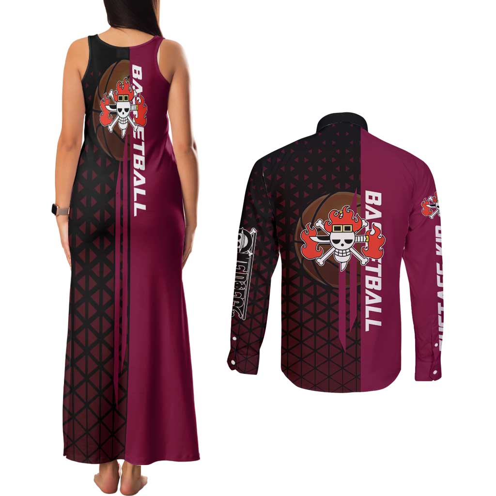 Eustass Kid One Piece Basketball Theme Red and Black Design Couples Matching Tank Maxi Dress and Long Sleeve Button Shirt with Flame Skull Emblem and Mechanical Arm Pose - The Mazicc