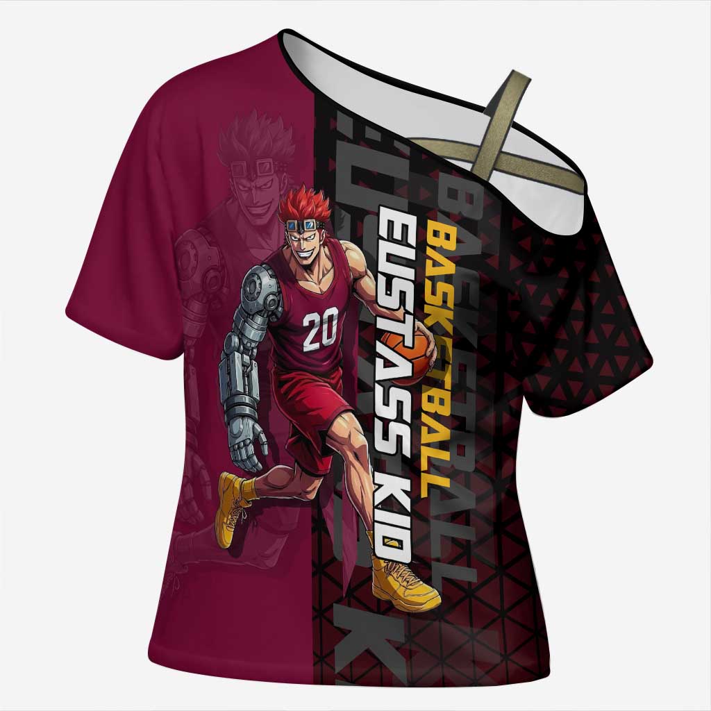 Eustass Kid One Piece Basketball Theme Red and Black Design Cross Shoulder Shirt with Flame Skull Emblem and Mechanical Arm Pose - The Mazicc