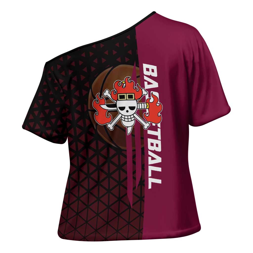 Eustass Kid One Piece Basketball Theme Red and Black Design Cross Shoulder Shirt with Flame Skull Emblem and Mechanical Arm Pose - The Mazicc