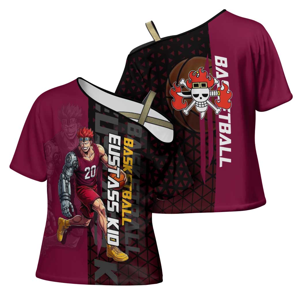 Eustass Kid One Piece Basketball Theme Red and Black Design Cross Shoulder Shirt with Flame Skull Emblem and Mechanical Arm Pose - The Mazicc