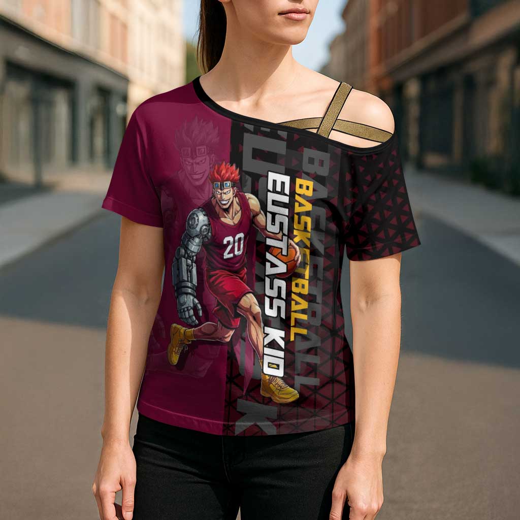 Eustass Kid One Piece Basketball Theme Red and Black Design Cross Shoulder Shirt with Flame Skull Emblem and Mechanical Arm Pose - The Mazicc