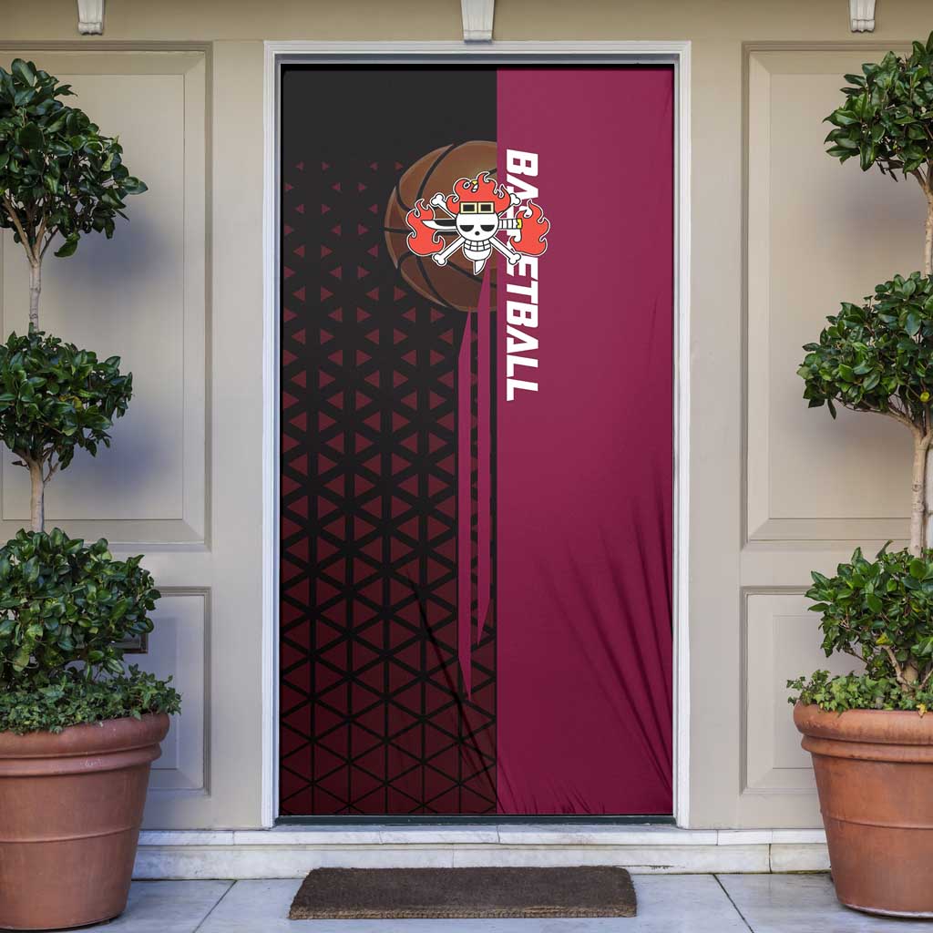 Eustass Kid One Piece Basketball Theme Red and Black Design Door Cover with Flame Skull Emblem and Mechanical Arm Pose - The Mazicc