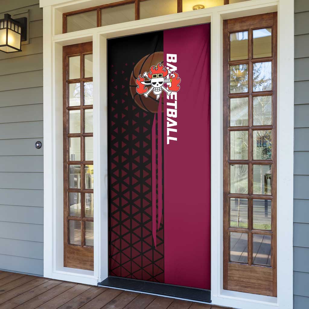 Eustass Kid One Piece Basketball Theme Red and Black Design Door Cover with Flame Skull Emblem and Mechanical Arm Pose - The Mazicc