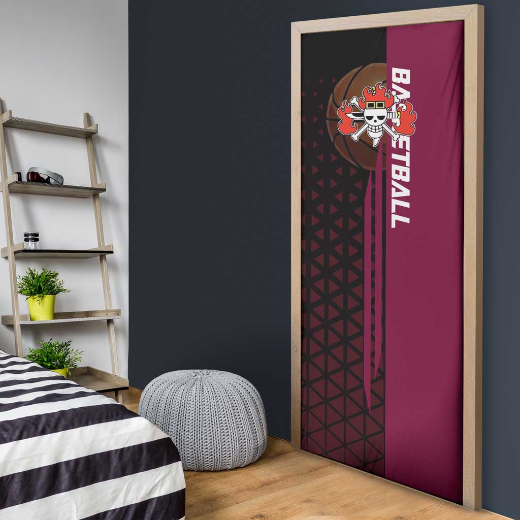 Eustass Kid One Piece Basketball Theme Red and Black Design Door Cover with Flame Skull Emblem and Mechanical Arm Pose - The Mazicc