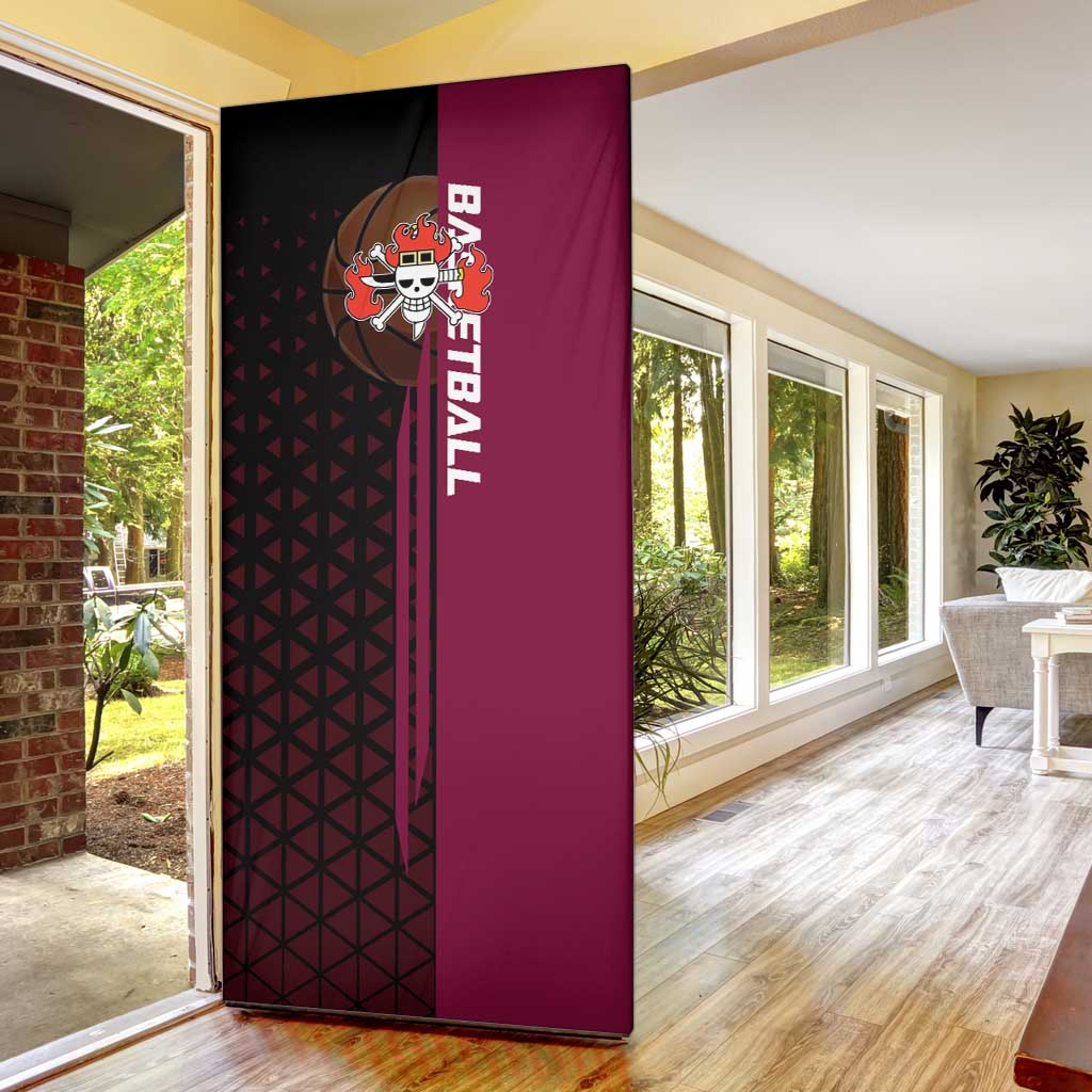Eustass Kid One Piece Basketball Theme Red and Black Design Door Cover with Flame Skull Emblem and Mechanical Arm Pose - The Mazicc
