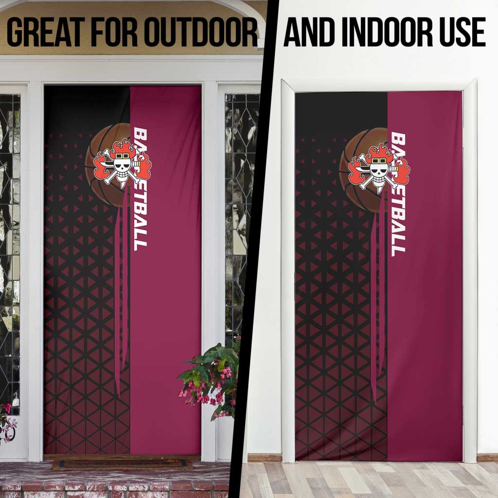 Eustass Kid One Piece Basketball Theme Red and Black Design Door Cover with Flame Skull Emblem and Mechanical Arm Pose - The Mazicc
