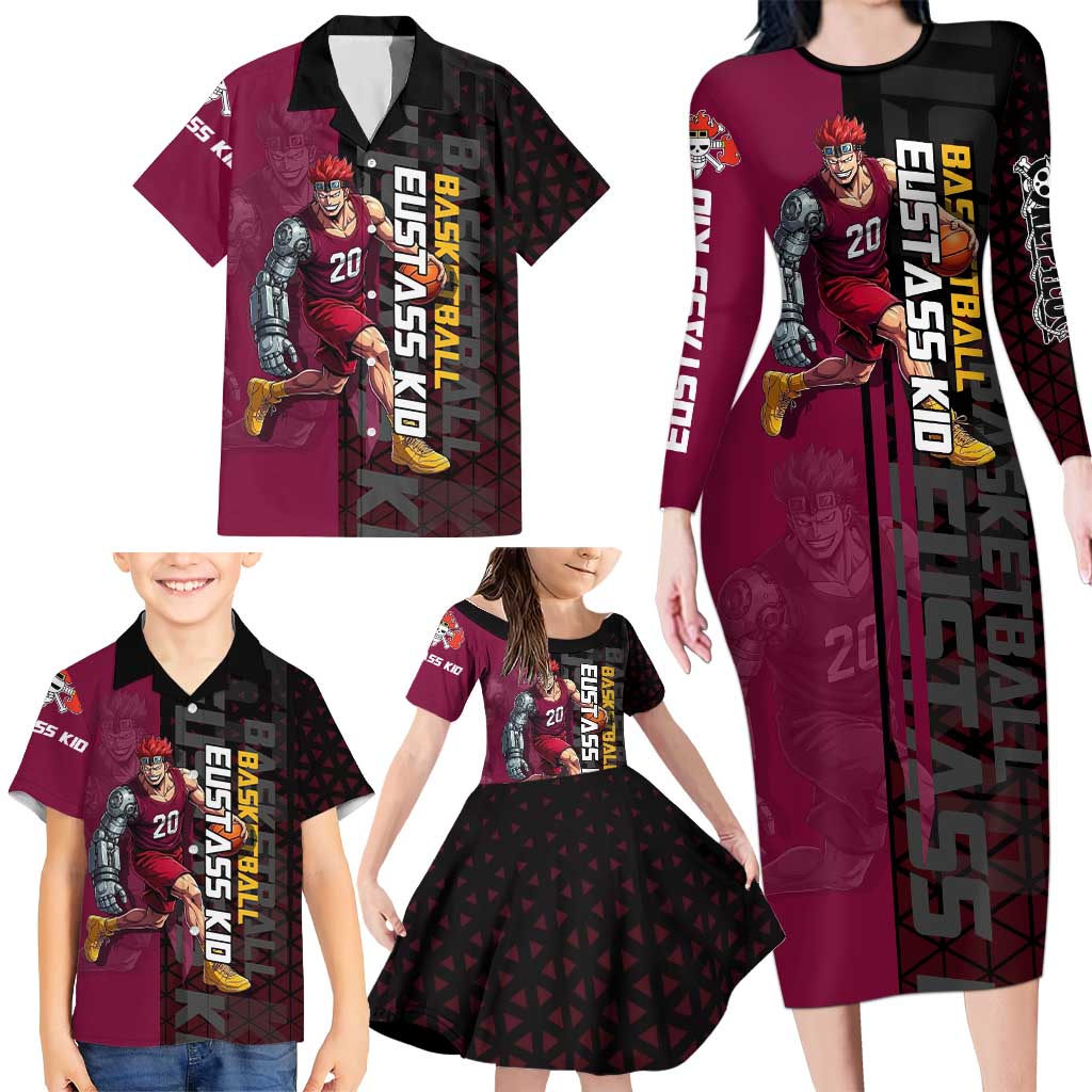 Eustass Kid One Piece Basketball Theme Red and Black Design Family Matching Long Sleeve Bodycon Dress and Hawaiian Shirt with Flame Skull Emblem and Mechanical Arm Pose