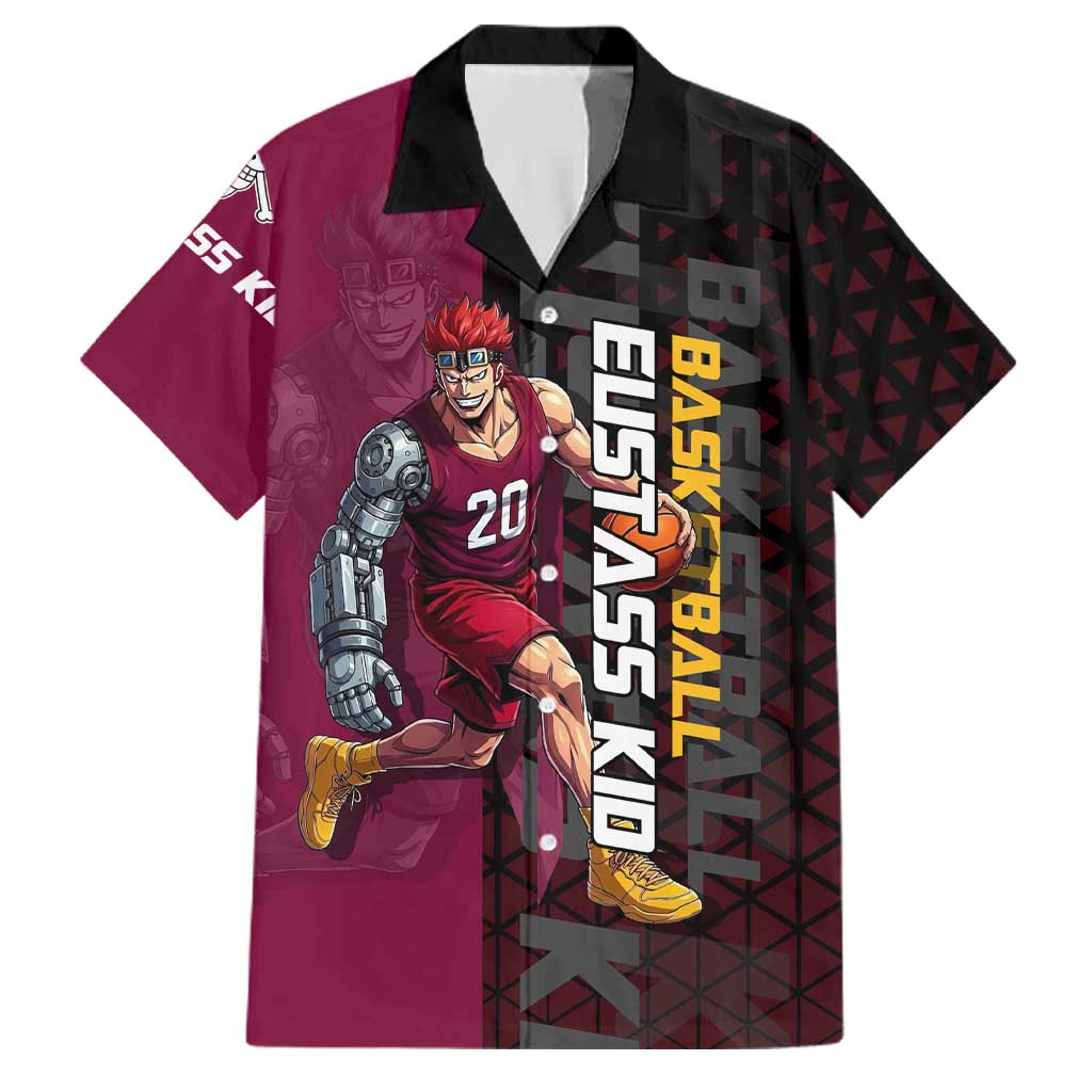 Eustass Kid One Piece Basketball Theme Red and Black Design Family Matching Long Sleeve Bodycon Dress and Hawaiian Shirt with Flame Skull Emblem and Mechanical Arm Pose