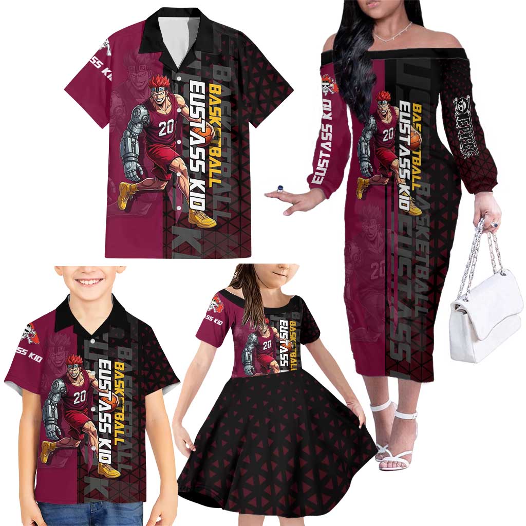 Eustass Kid One Piece Basketball Theme Red and Black Design Family Matching Off The Shoulder Long Sleeve Dress and Hawaiian Shirt with Flame Skull Emblem and Mechanical Arm Pose