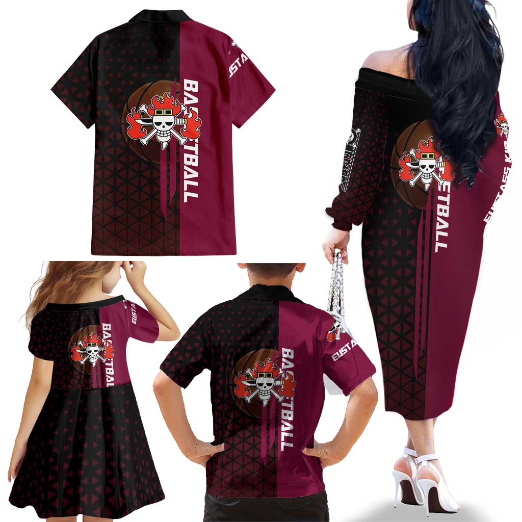 Eustass Kid One Piece Basketball Theme Red and Black Design Family Matching Off The Shoulder Long Sleeve Dress and Hawaiian Shirt with Flame Skull Emblem and Mechanical Arm Pose