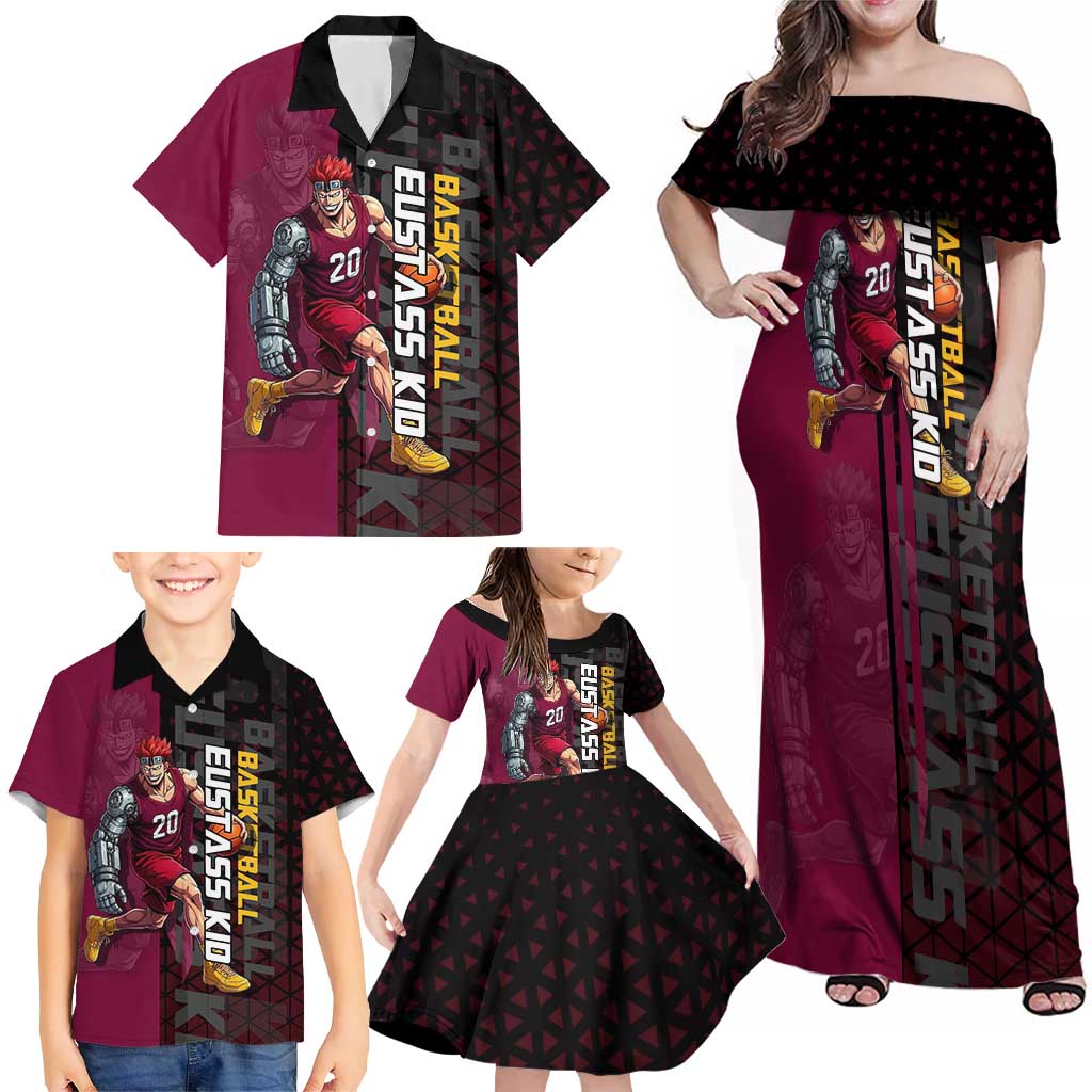 Eustass Kid One Piece Basketball Theme Red and Black Design Family Matching Off Shoulder Maxi Dress and Hawaiian Shirt with Flame Skull Emblem and Mechanical Arm Pose