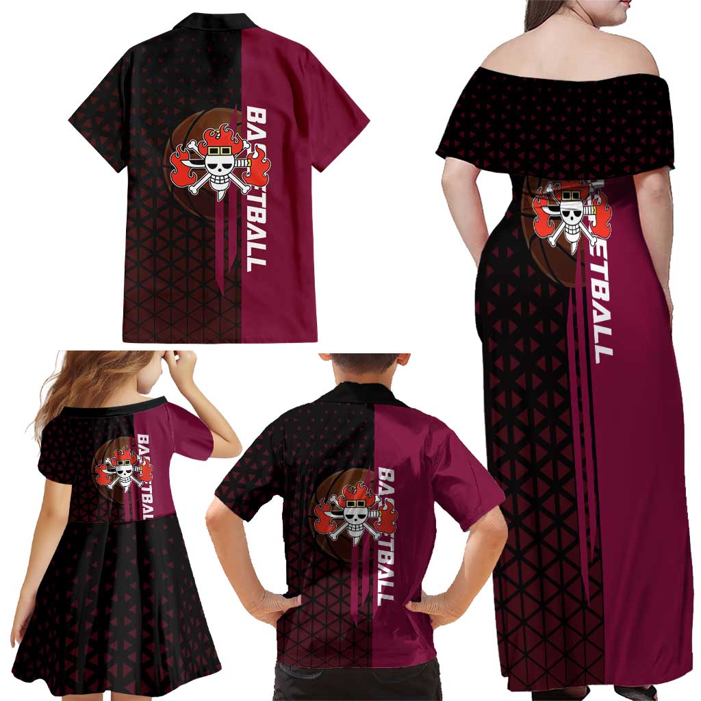 Eustass Kid One Piece Basketball Theme Red and Black Design Family Matching Off Shoulder Maxi Dress and Hawaiian Shirt with Flame Skull Emblem and Mechanical Arm Pose