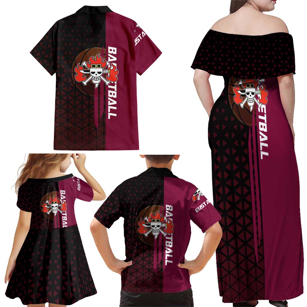 Eustass Kid One Piece Basketball Theme Red and Black Design Family Matching Off Shoulder Maxi Dress and Hawaiian Shirt with Flame Skull Emblem and Mechanical Arm Pose