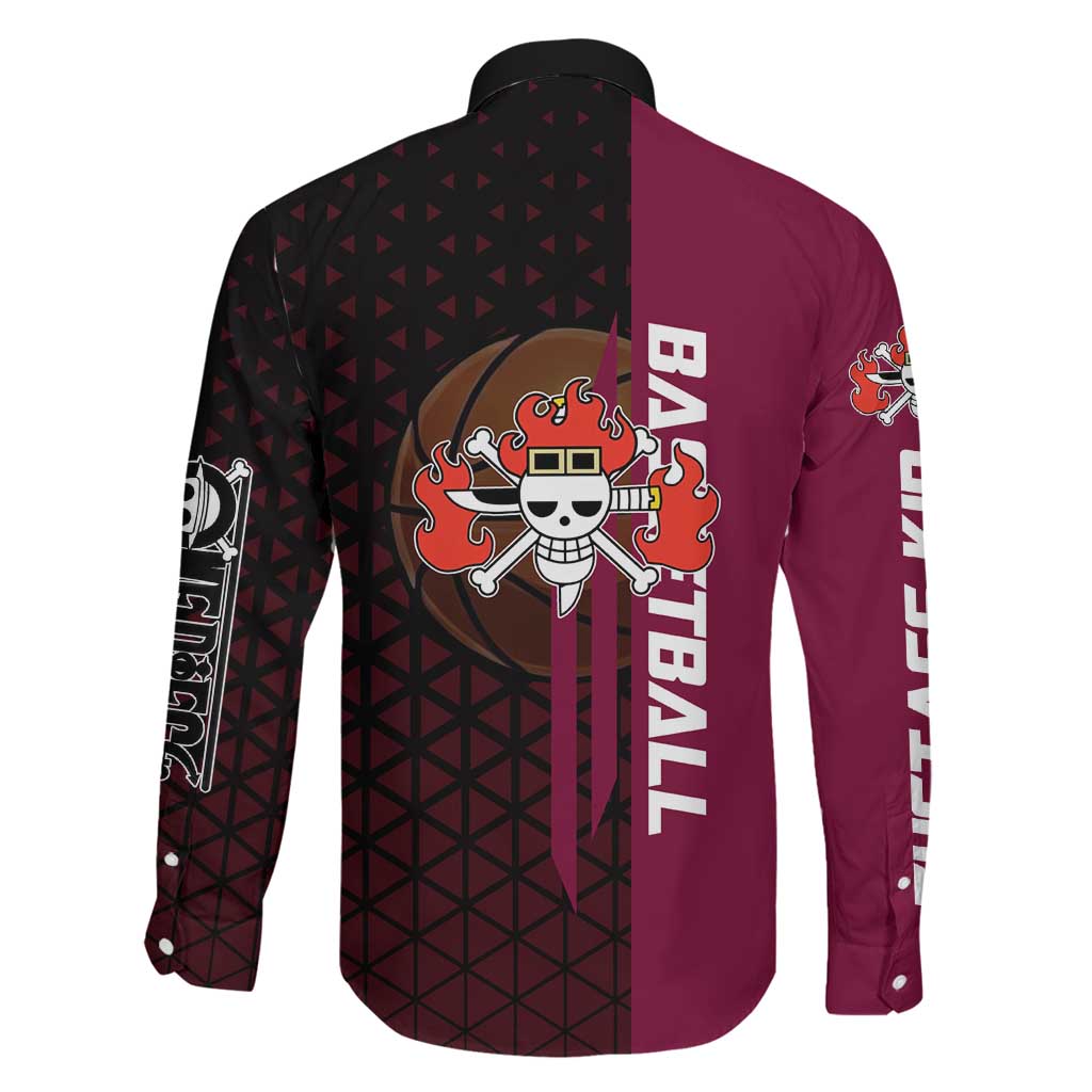 Eustass Kid One Piece Basketball Theme Red and Black Design Family Matching Off Shoulder Maxi Dress and Hawaiian Shirt with Flame Skull Emblem and Mechanical Arm Pose