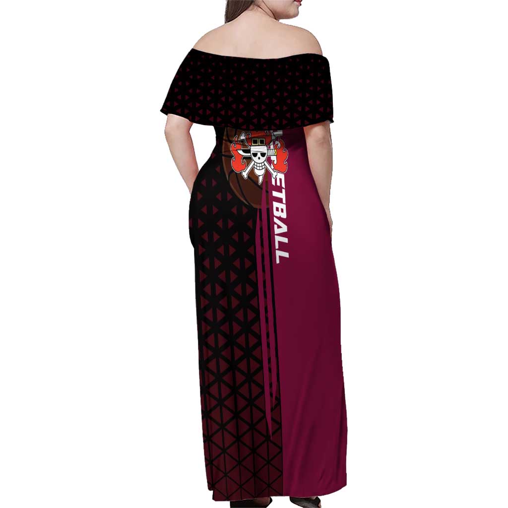 Eustass Kid One Piece Basketball Theme Red and Black Design Family Matching Off Shoulder Maxi Dress and Hawaiian Shirt with Flame Skull Emblem and Mechanical Arm Pose